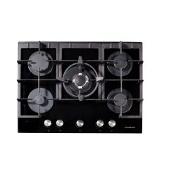 NordMende HGX703BGL 70cm Gas Hob with Cast Iron Pan Supports and Central Wok Burner Black Glass